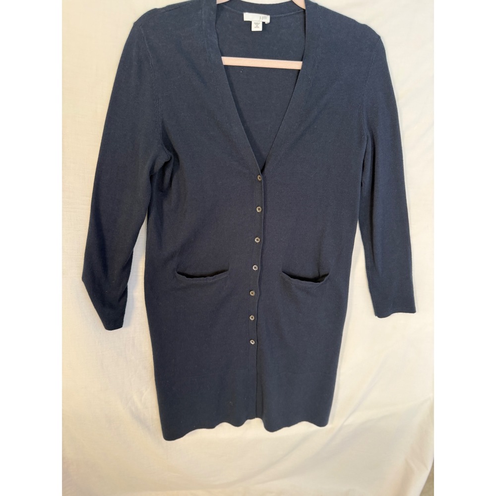 J. Jill Navy Blue 100% Cotton Longline Button Front Cardigan Sweater Pockets XS
